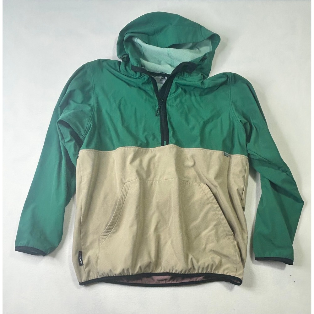 Trew Gear Mens XL Polartec Quarter Zip Hooded Pullover Green Tan Colorblock